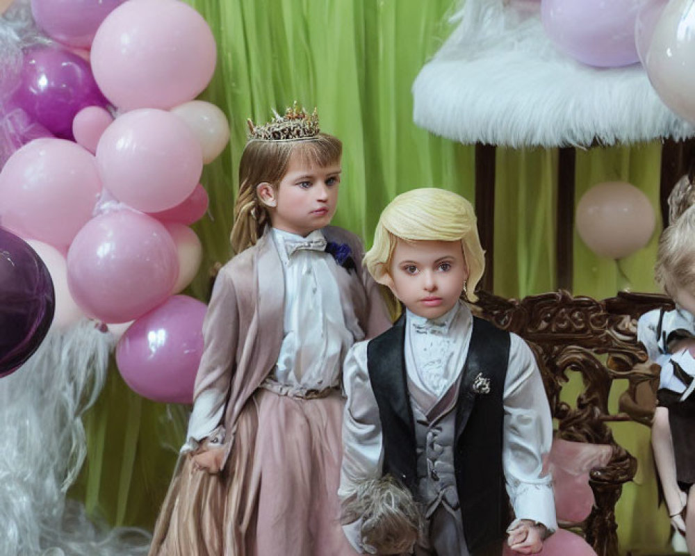 Formal Attire Dolls with Balloons and Draped Fabric