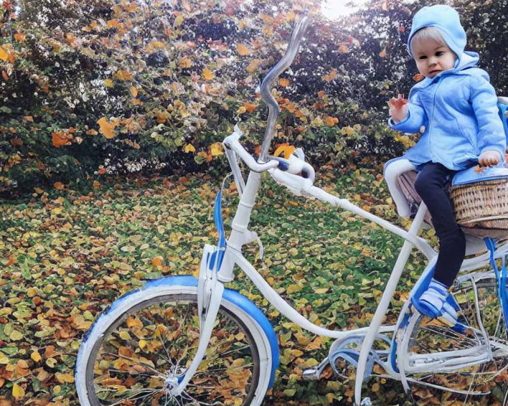 Toddler in Blue Jacket on White Bicycle in Autumn Scene