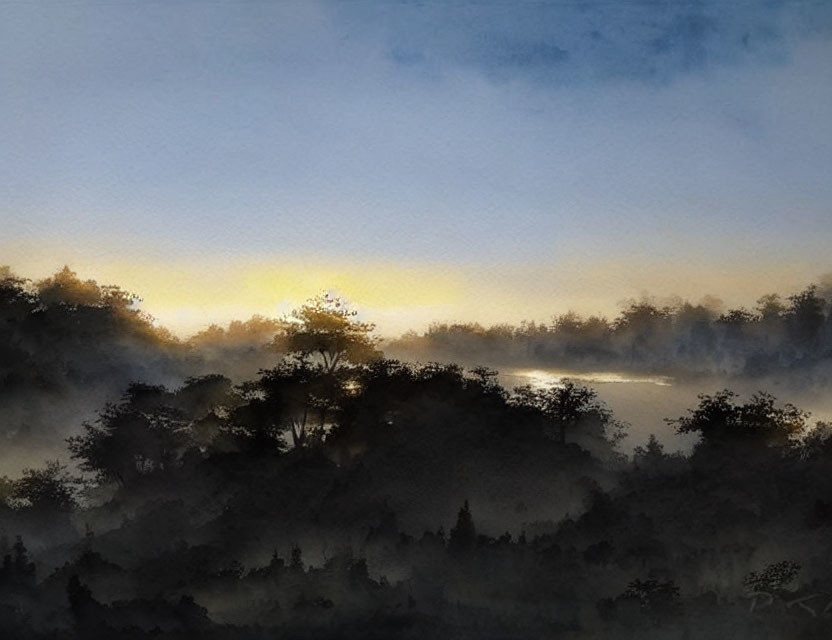 Watercolor landscape: Silhouetted trees at dawn or dusk with orange hints near reflective water