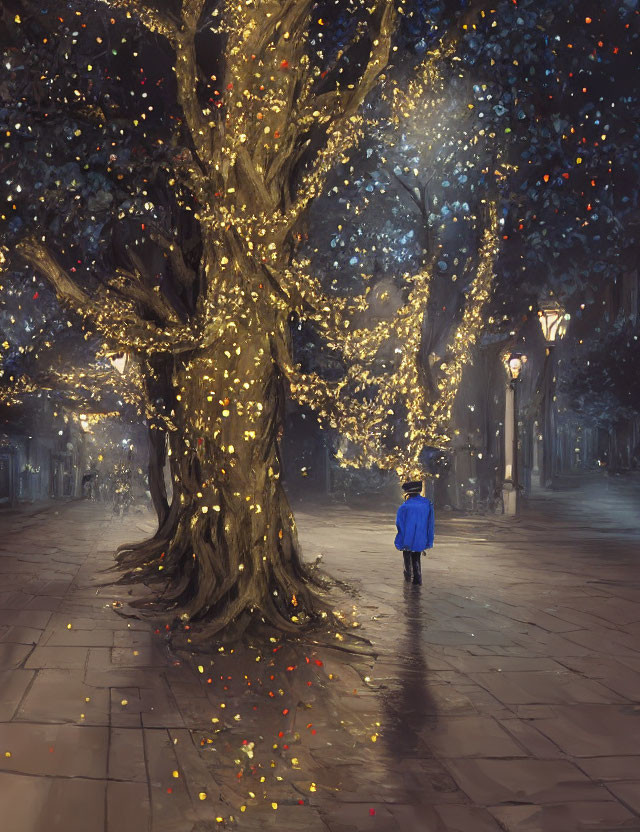 Person in Blue Jacket Under Tree with Twinkling Lights on Quaint Night Street