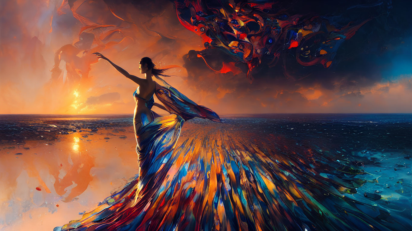 Woman in flowing dress on reflective surface with colorful abstract shapes at sunset