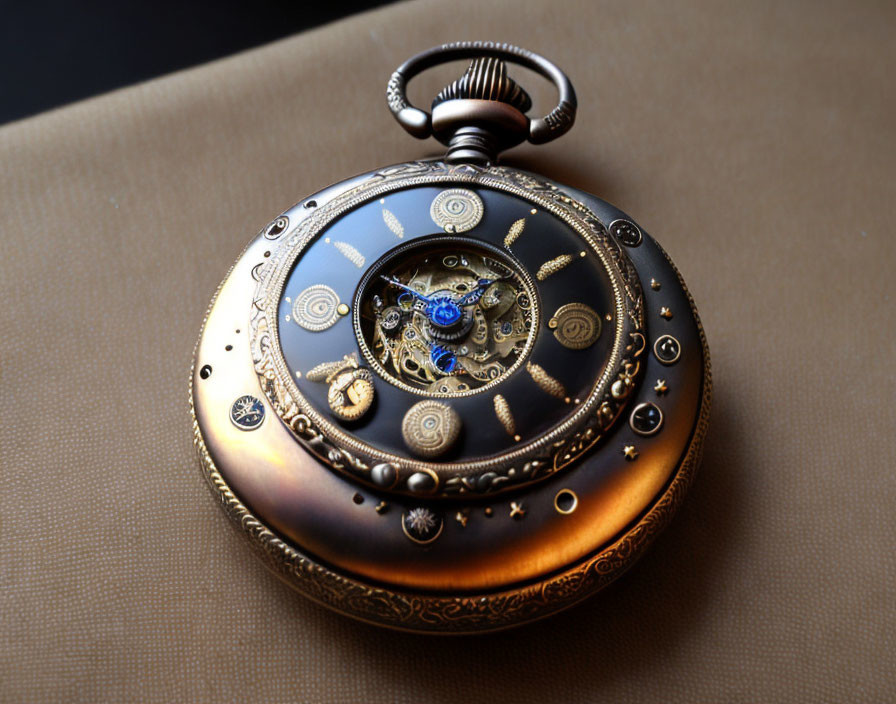 Antique Pocket Watch with Visible Gears and Golden Designs