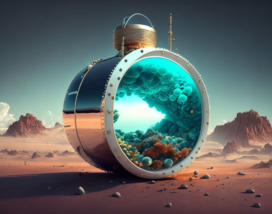 Futuristic underwater observatory in desert landscape
