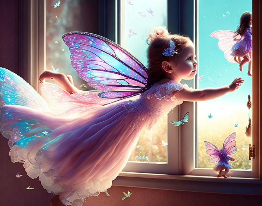 Illustration of young girl with butterfly wings at window