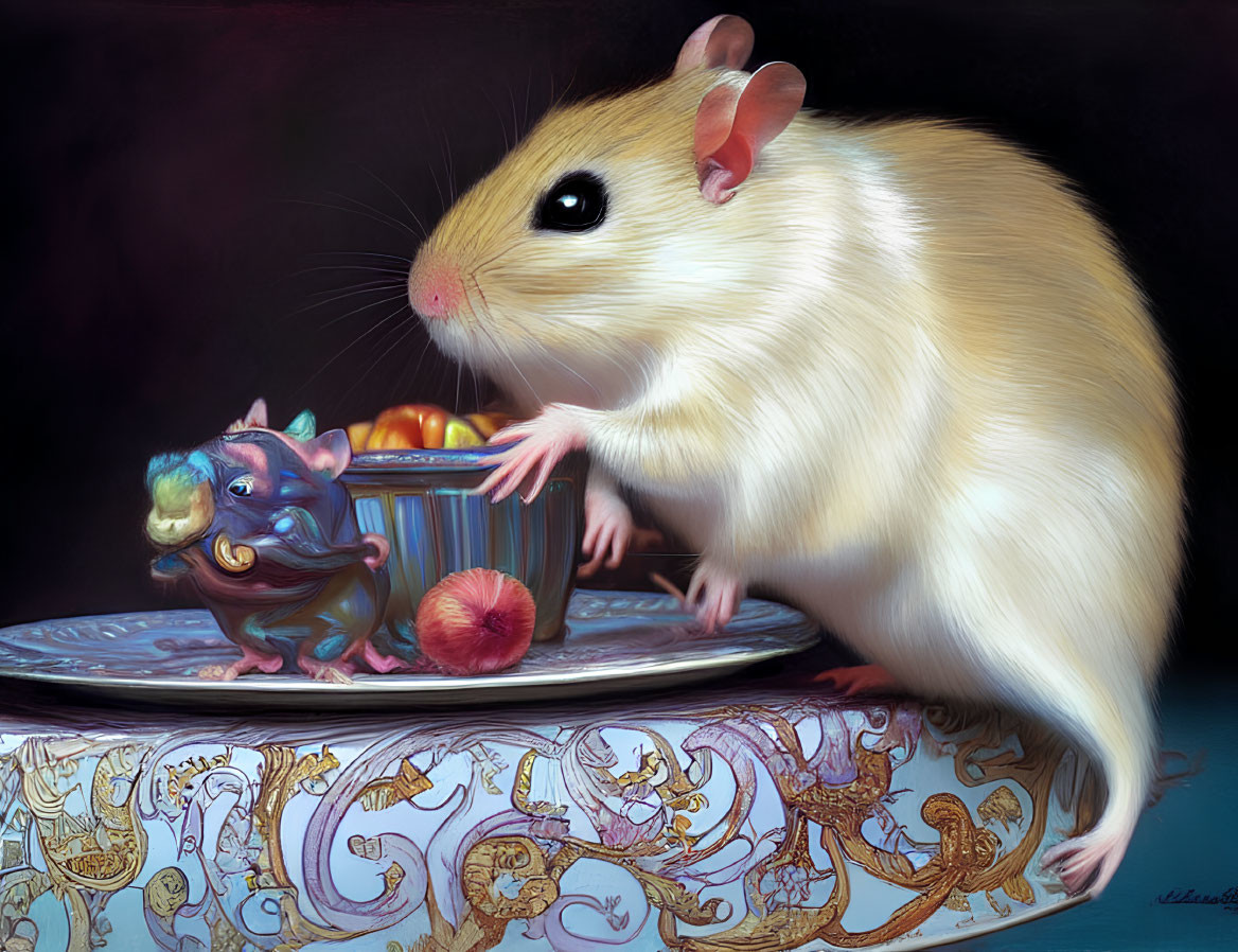 Large Cream-Colored Hamster with Blue Mythical Creature and Fruits on Ornate Surface