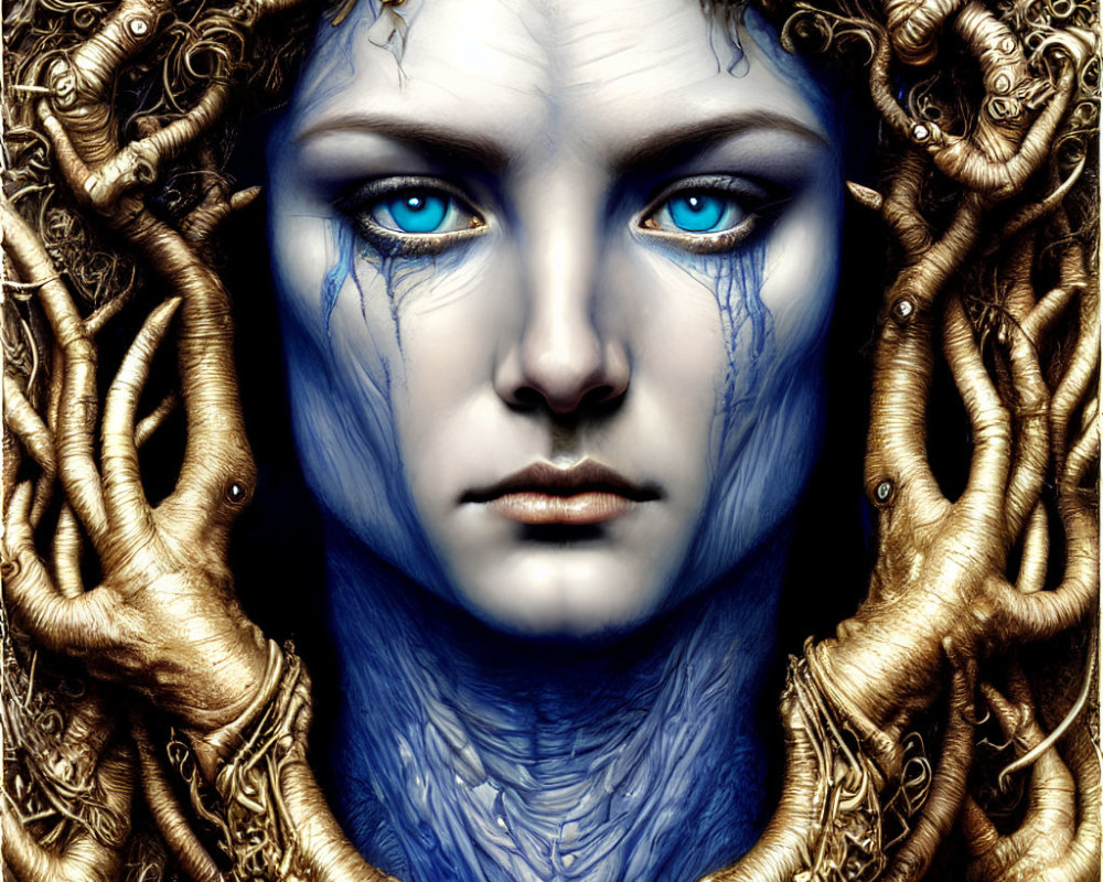 Blue-skinned fantasy portrait with intense eyes and golden branch-like hair