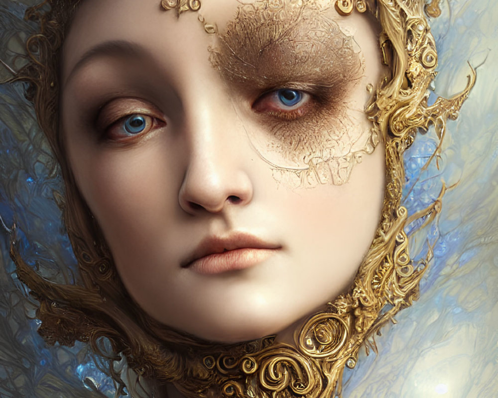 Portrait of woman with ornate gold headwear and intricate eye detailing on soft blue background