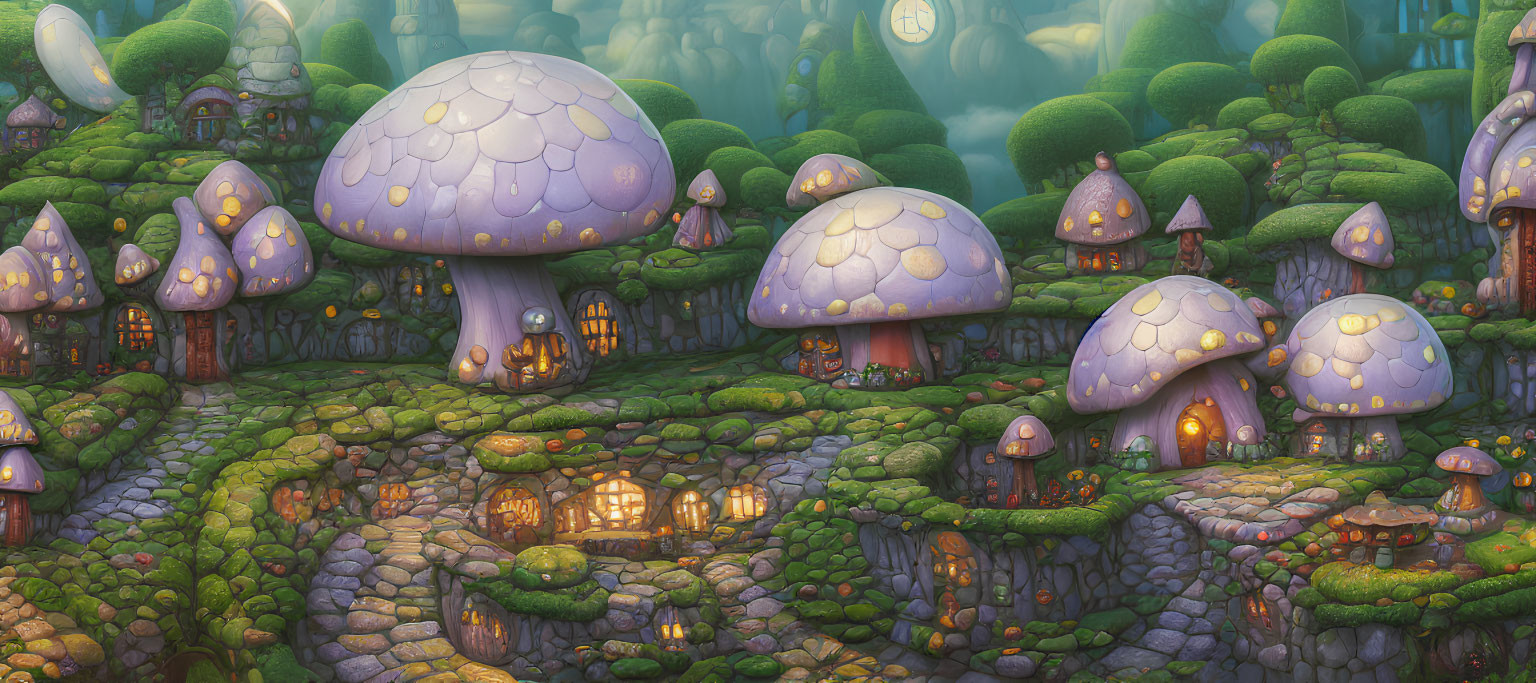 Whimsical Fantasy Village with Mushroom Houses & Glowing Windows