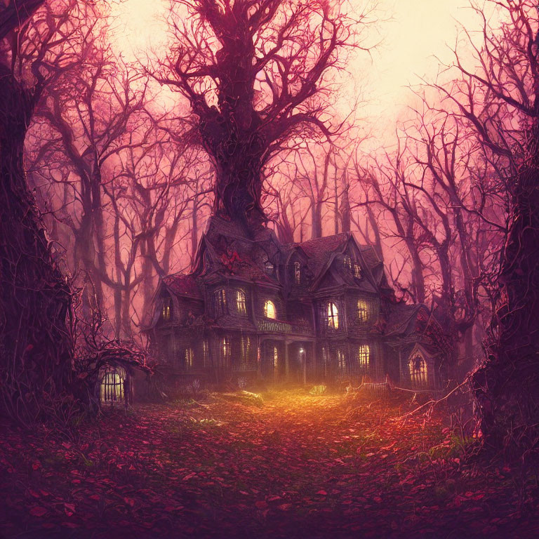 Eerie Victorian House in Creepy Forest with Twisted Trees