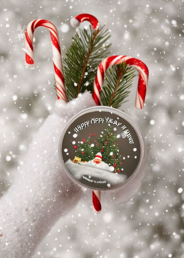 Festive hand holding magnifying glass with "Happy New Year" message