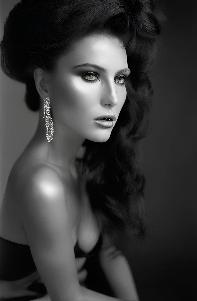 Monochrome portrait of woman with curly hair and long earrings