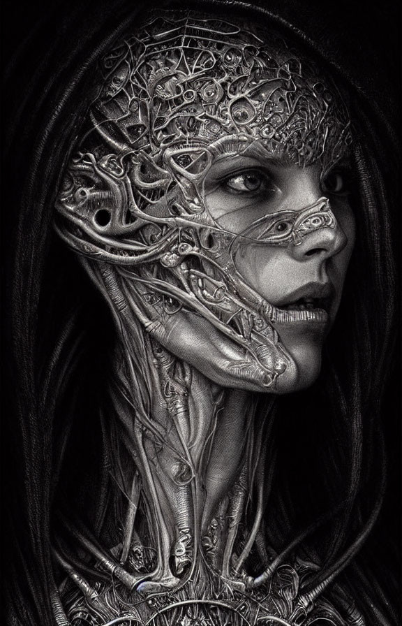 Monochrome artwork: Woman with biomechanical details on face and neck against dark background