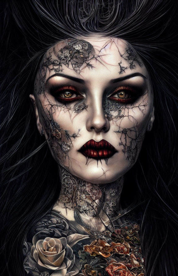 Gothic Fantasy Portrait: Pale Woman with Black Lace Patterns, Red Eyes, Dark Lipstick,