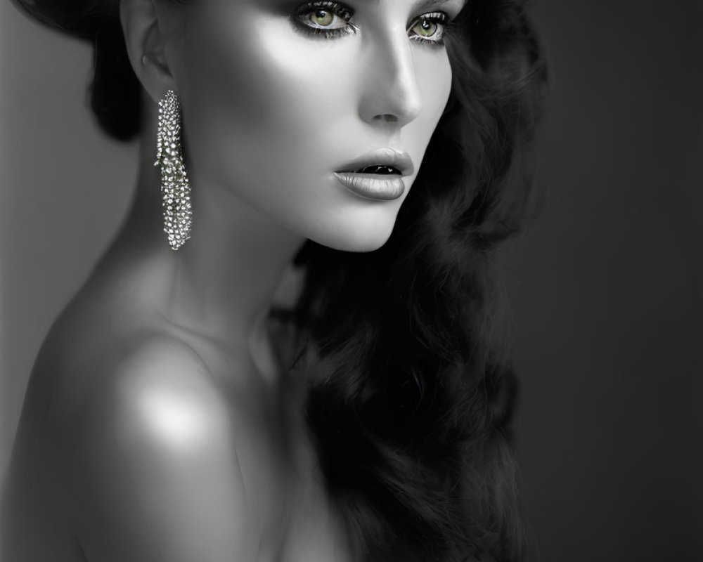 Monochrome portrait of woman with curly hair and long earrings