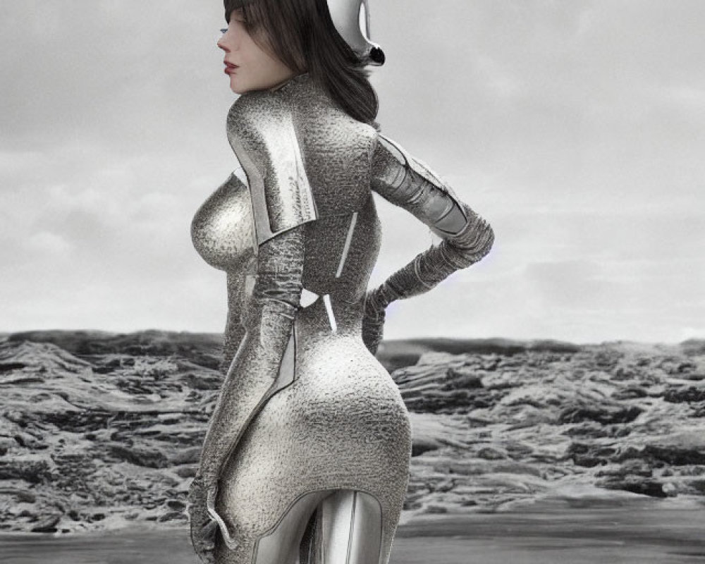 Futuristic silver spacesuit woman in rocky landscape