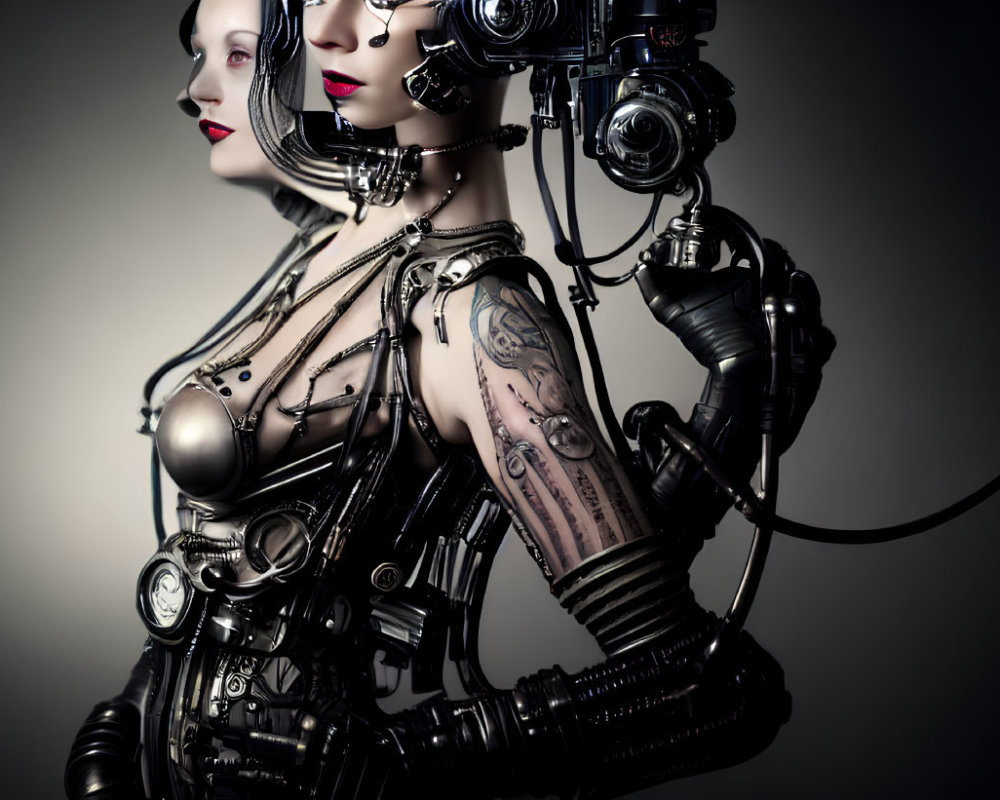 Two female cyborg figures with mechanical details and tattoos on gradient background