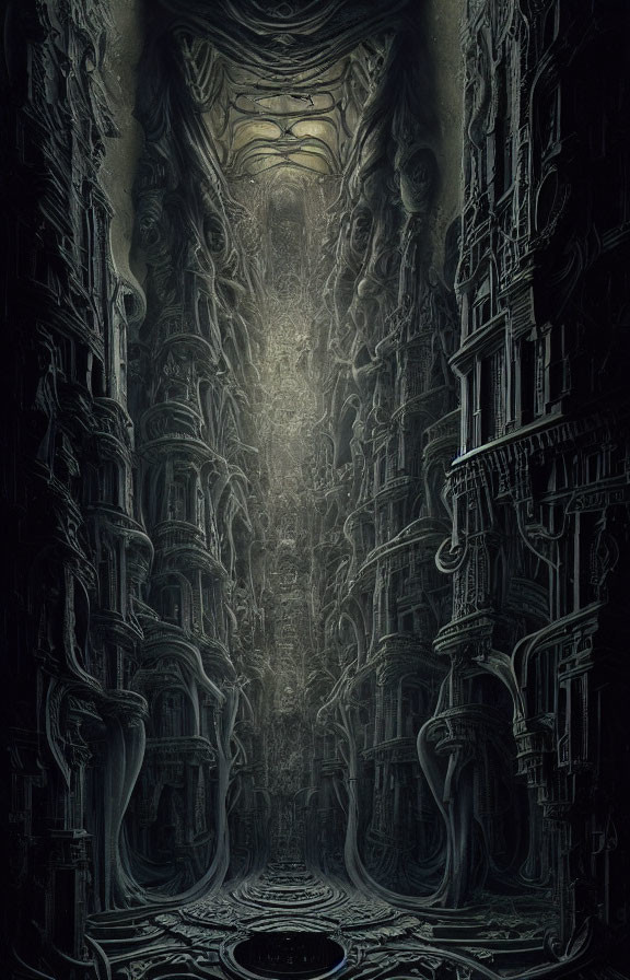 Dark Vertical Cityscape with Gothic and Biorganic Architecture