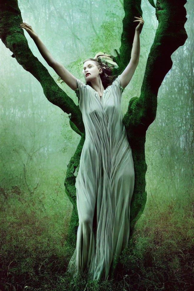 Woman in flowing gown blending with mystical forest ambiance.