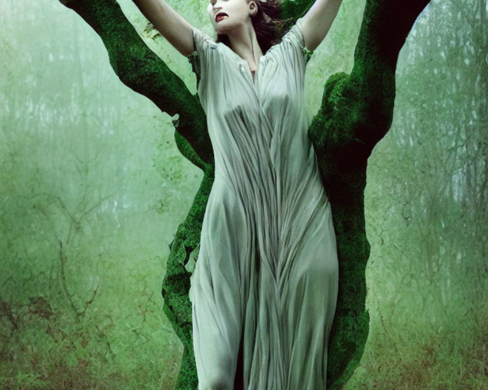 Woman in flowing gown blending with mystical forest ambiance.