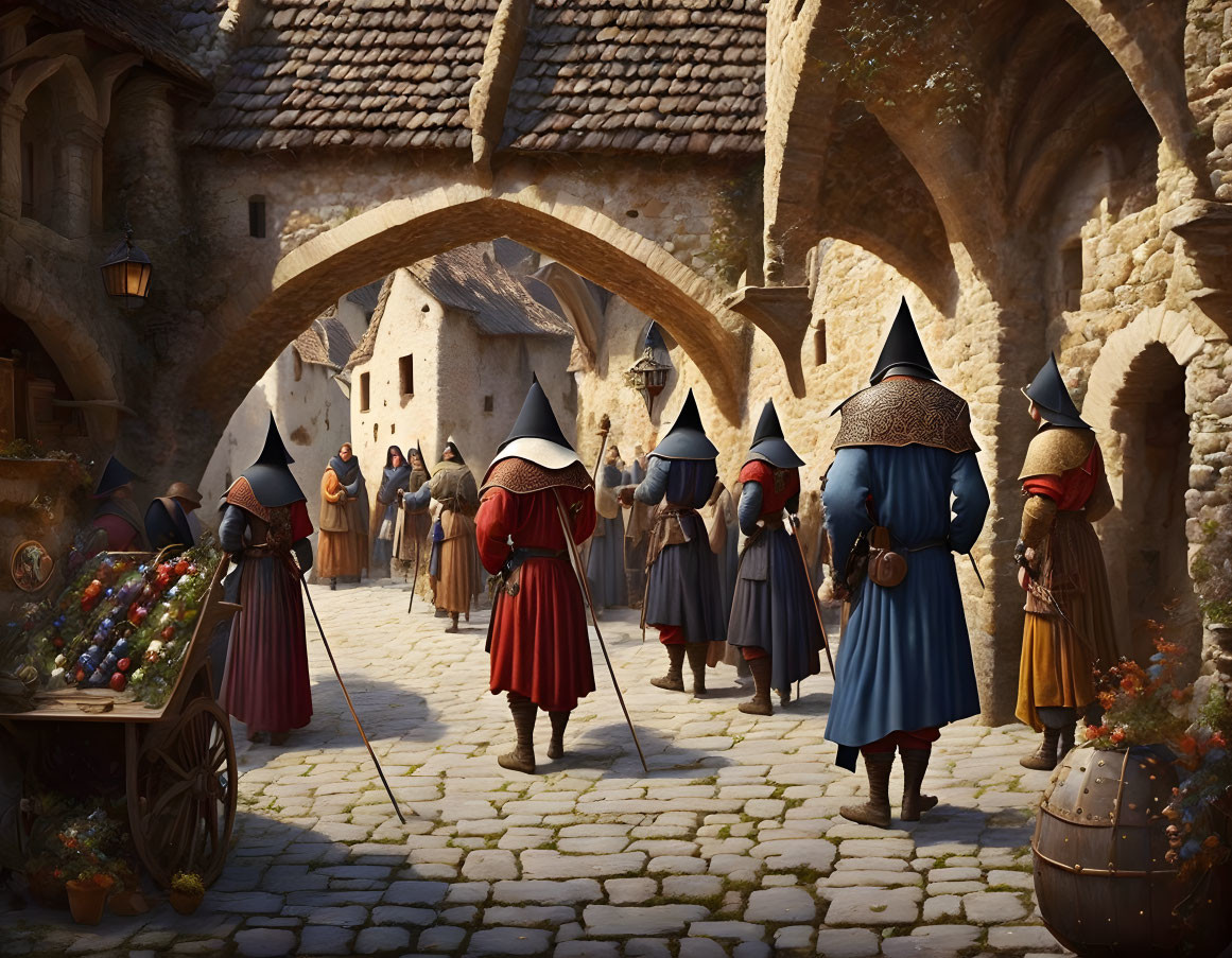 Medieval townsfolk in colorful garments stroll through a stone-paved village with archways, flowers cart