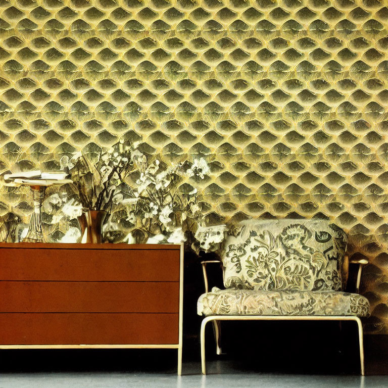 Vintage Room with Patterned Sofa, Wooden Sideboard, Flowers, and Honeycomb Wall Design