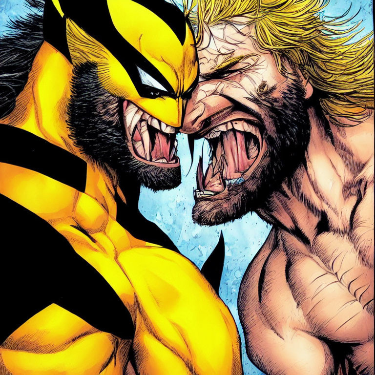 Comic book characters in black and yellow suit with claws confronts character with wild hair and beard.