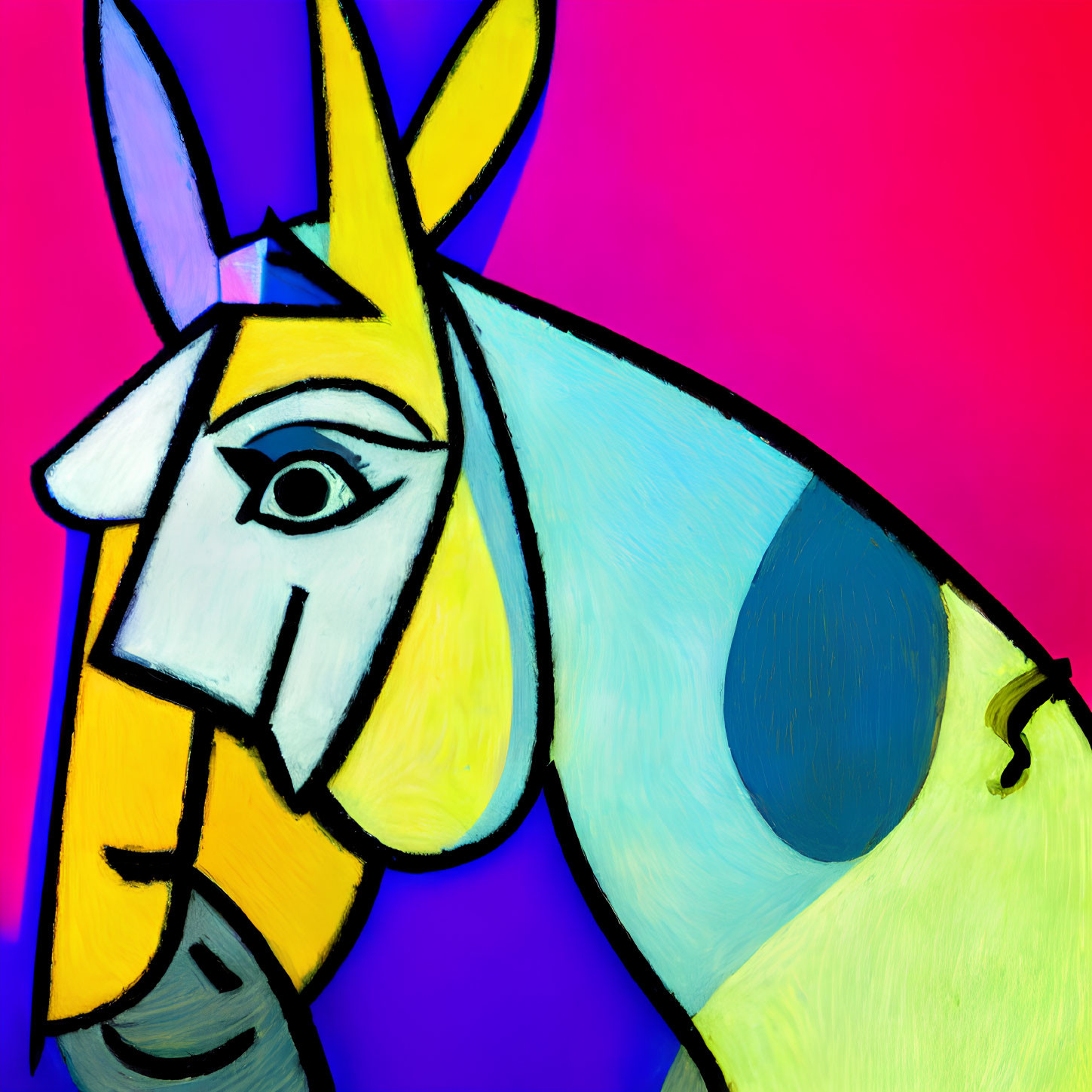 Vibrant abstract painting: stylized horse on pink and blue split background