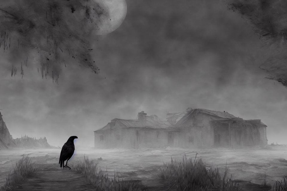 Monochrome scene with raven, deserted houses, full moon, and bare trees