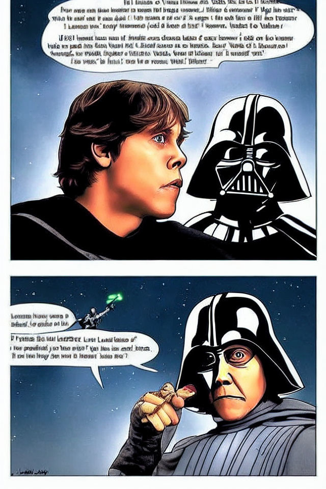 Luke Skywalker and Darth Vader in intense comic strip conversation.