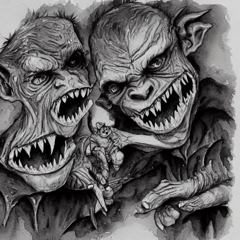 Monochrome illustration of three snarling goblins