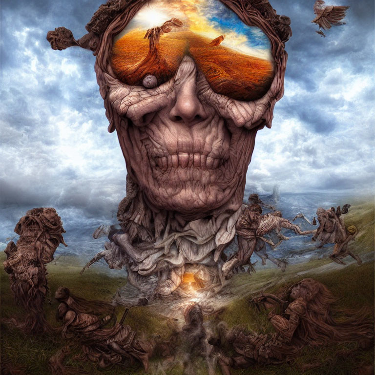 Surreal digital artwork of face with landscape features, running figures, and flying birds