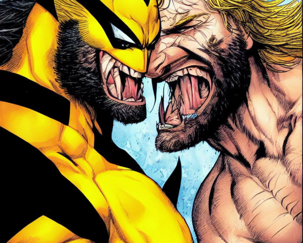 Comic book characters in black and yellow suit with claws confronts character with wild hair and beard.