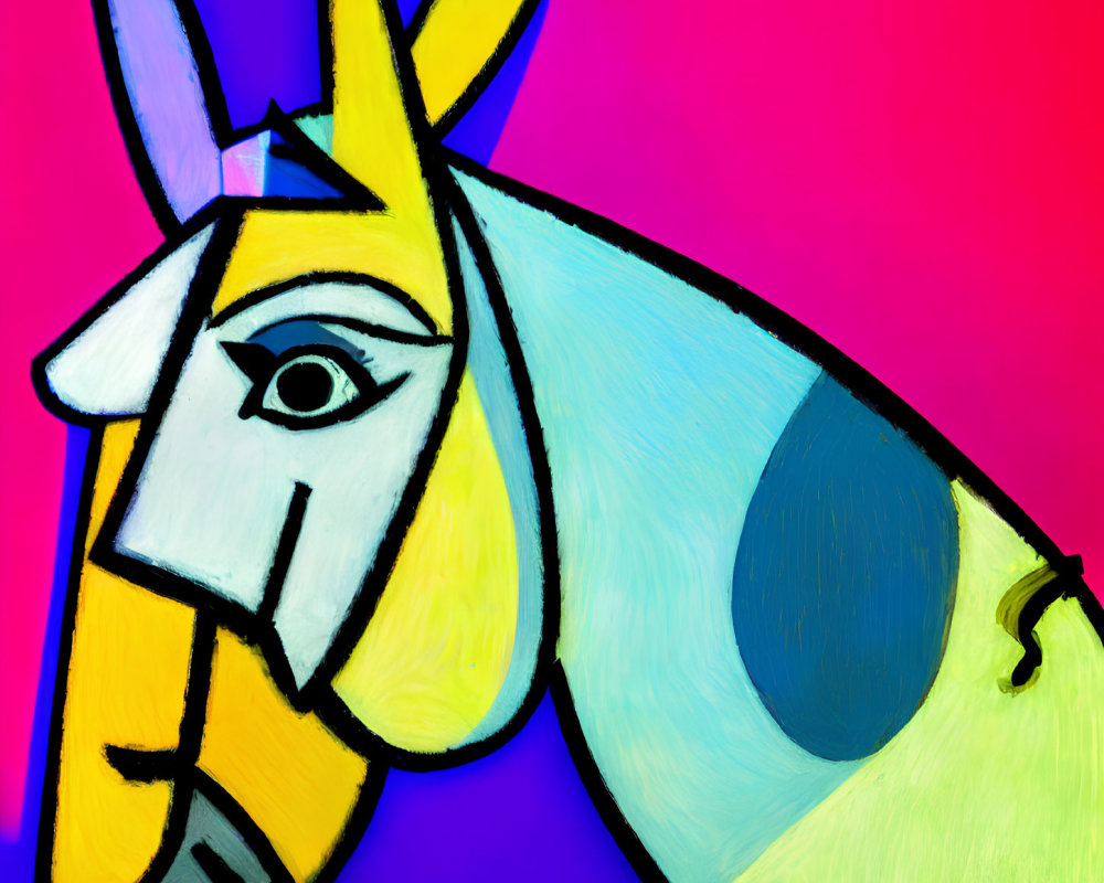 Vibrant abstract painting: stylized horse on pink and blue split background