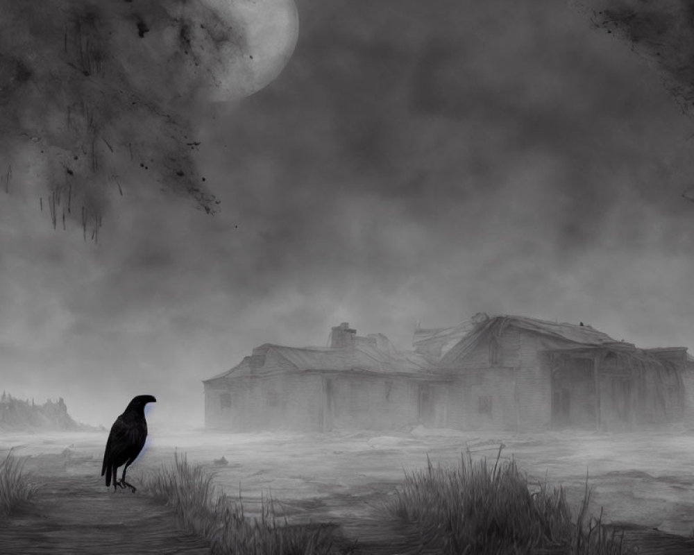 Monochrome scene with raven, deserted houses, full moon, and bare trees