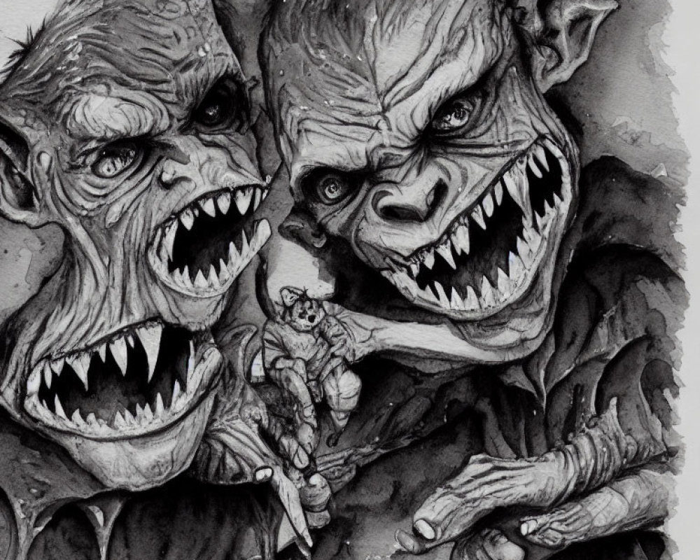 Monochrome illustration of three snarling goblins