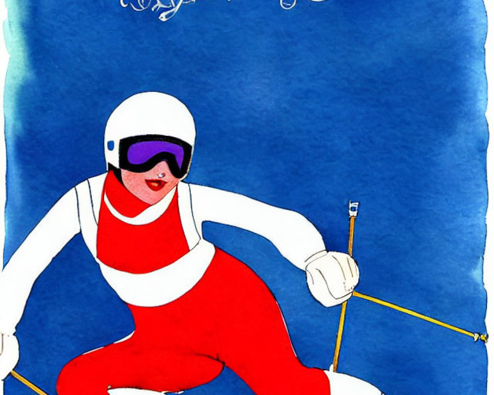 Stylized graphic of skier in red and white outfit skiing aggressively on blue background.