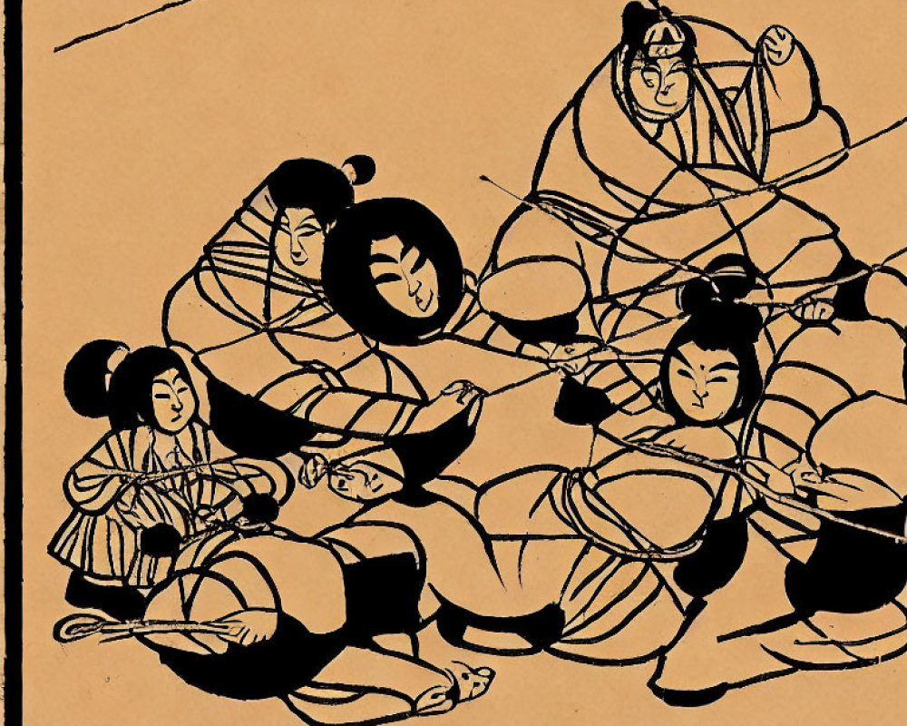 Stylized figures in traditional attire entangled in lines on sepia background