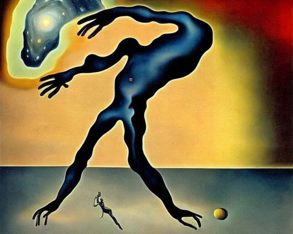 Silhouette of humanoid figure in abstract cosmic painting