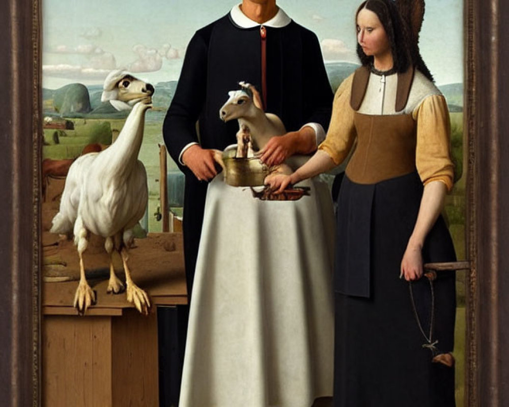 Surreal reinterpretation: Couple with goat heads in pastoral scene