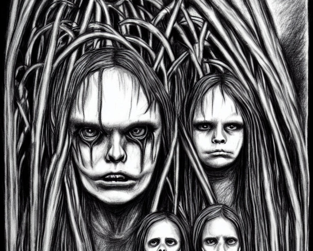 Monochrome drawing of four eerie faces with haunting expressions surrounded by tangled vine-like lines.