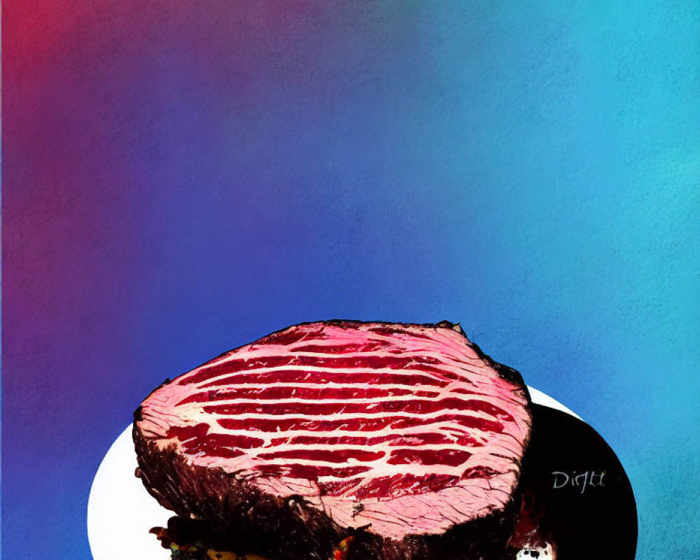 Colorful Digital Painting of Steak on Plate with Blue and Red Background