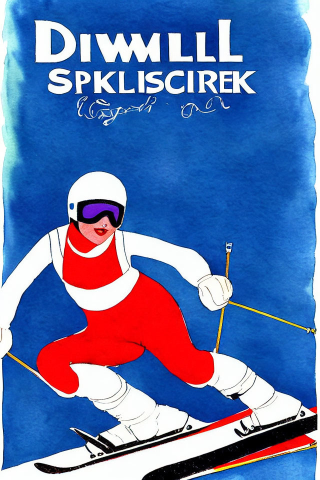 Stylized graphic of skier in red and white outfit skiing aggressively on blue background.