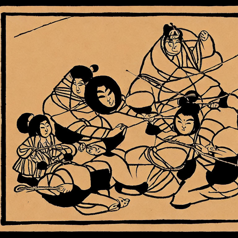 Stylized figures in traditional attire entangled in lines on sepia background