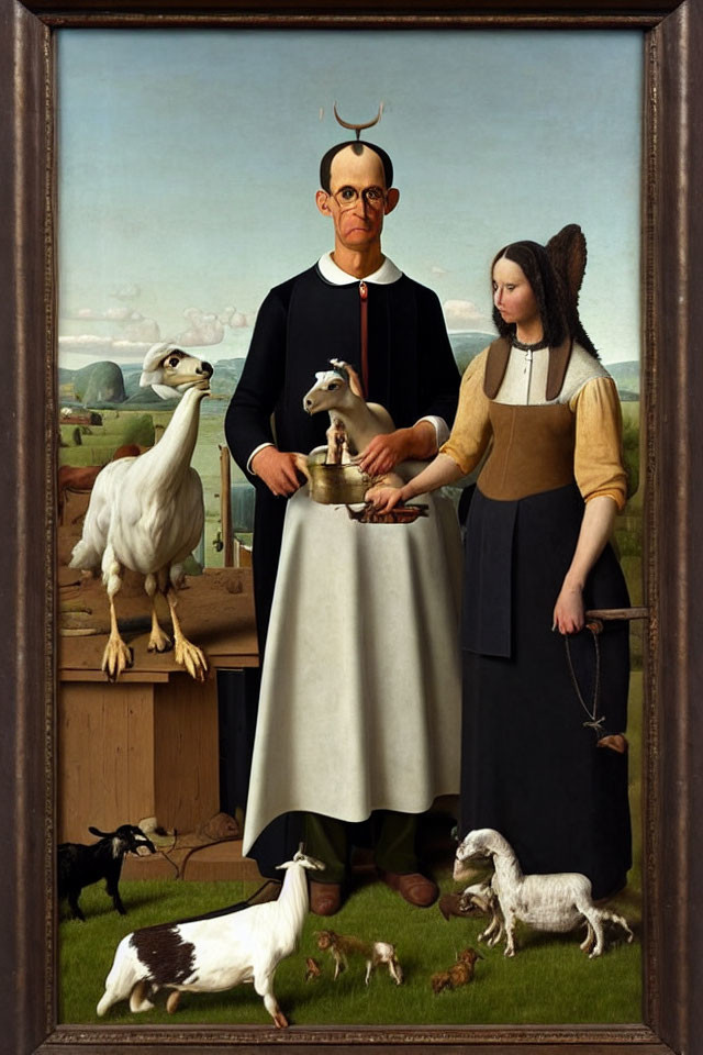 Surreal reinterpretation: Couple with goat heads in pastoral scene