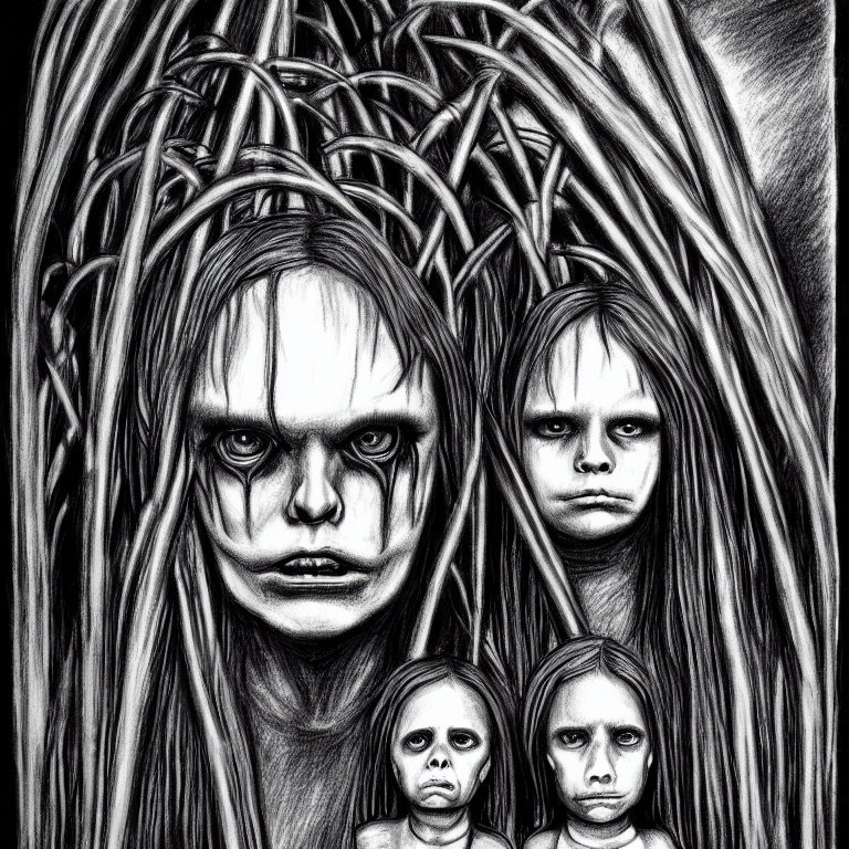 Monochrome drawing of four eerie faces with haunting expressions surrounded by tangled vine-like lines.