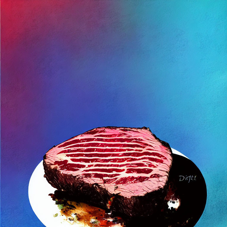 Colorful Digital Painting of Steak on Plate with Blue and Red Background