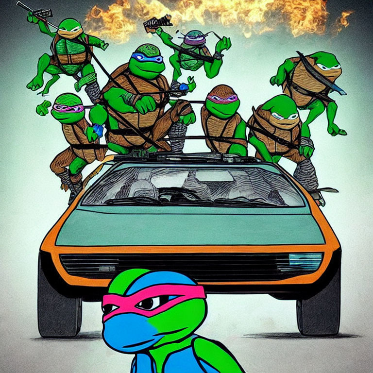 Teenage Mutant Ninja Turtles Illustration: Various Expressions on Sports Car with Explosion