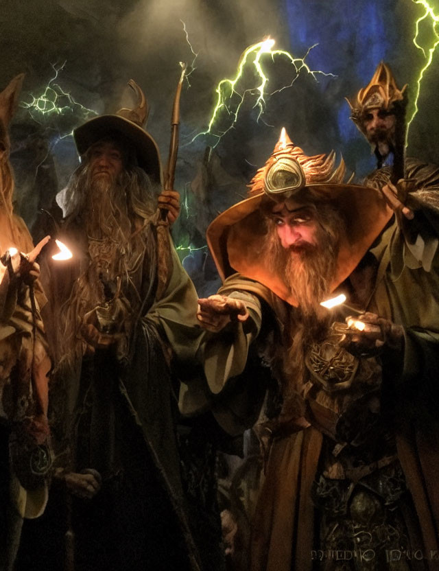 Group of actors in ornate wizard robes with staffs and candles against lightning backdrop