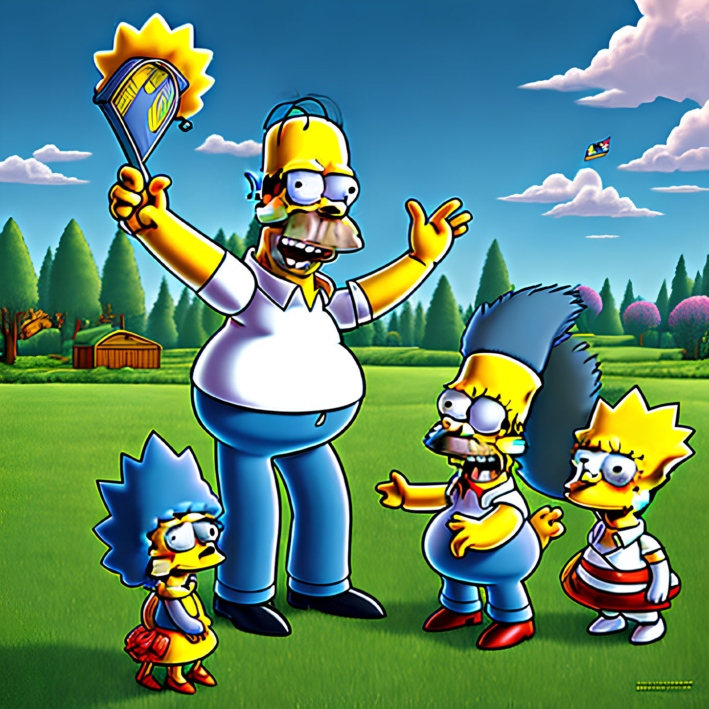 Yellow-skinned family of four in cartoon style on grassy field under blue sky