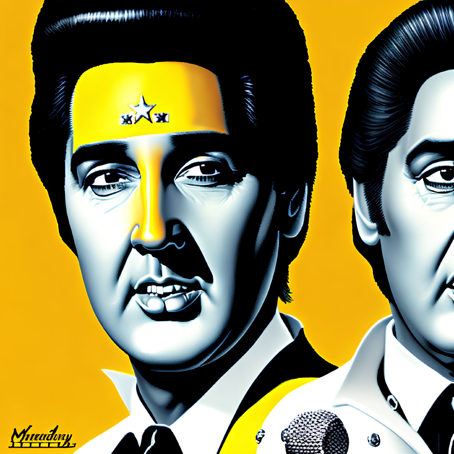 Stylized male faces in pop art style on yellow background